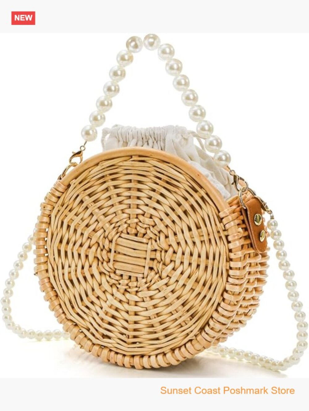 Round Rattan Bag Hand-woven Wicker Basket Purse Boho Crossbody With Pearl Strap